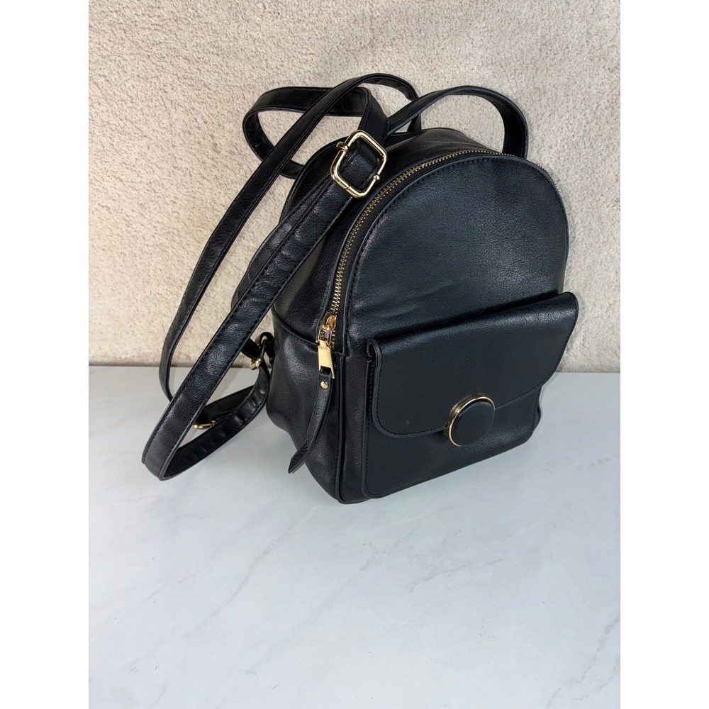 Black Faux Leather Mini Backpack - Small - Gold Hardware Chain Lining Chic Dark
